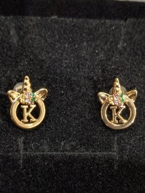 Gold Unicorn Stud Earrings with 'K' Initial